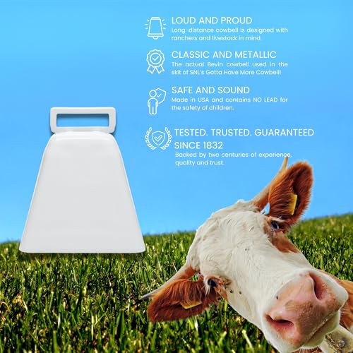 Bevin Bells Long Distance Cow Bells 10LD (White) | Christmas Bells | Made from Steel | Loud Noise Makers | w/White Strap Around The Handle | Easier to Hold | Made in CT, USA - Image 3