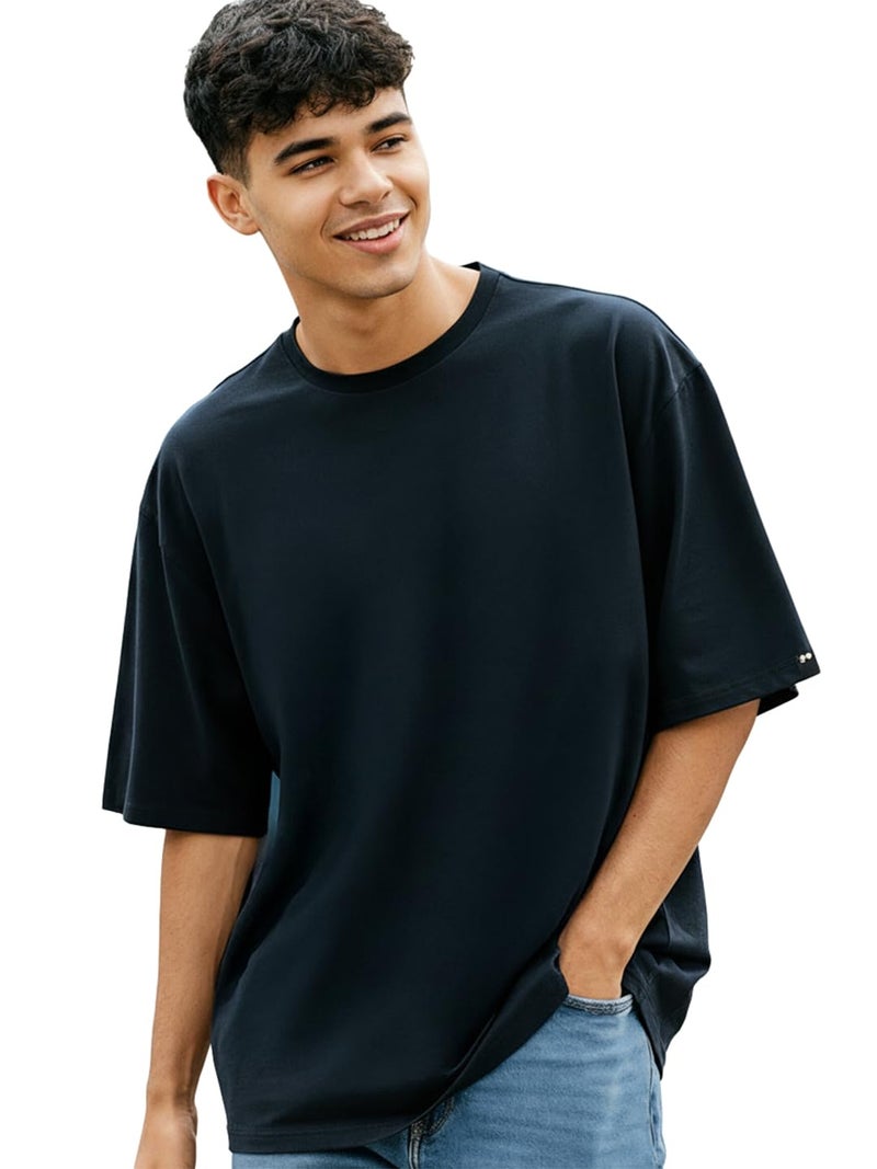 Bewakoof Men's Solid Oversized Fit Half Sleeve Round Neck Cotton T-Shirt Blue - Image 1