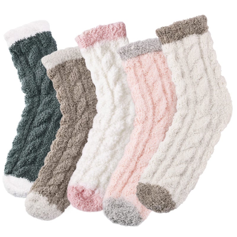 Premillow 5 Pairs Fuzzy Socks for Women, Winter Fluffy Socks Womens, Soft Cozy Warm Slipper Sock Home Sleeping Sock - Image 1
