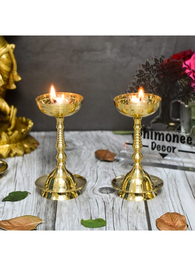 Bhimonee Decor Pure Brass Plain Nanda Bowl Long Table Diya | Traditional Deepak for Pooja, Mandir & Home Temple | Classic Design for Spiritual Rituals | 5.5 Inches, Brass, Pack of 2 - Image 1