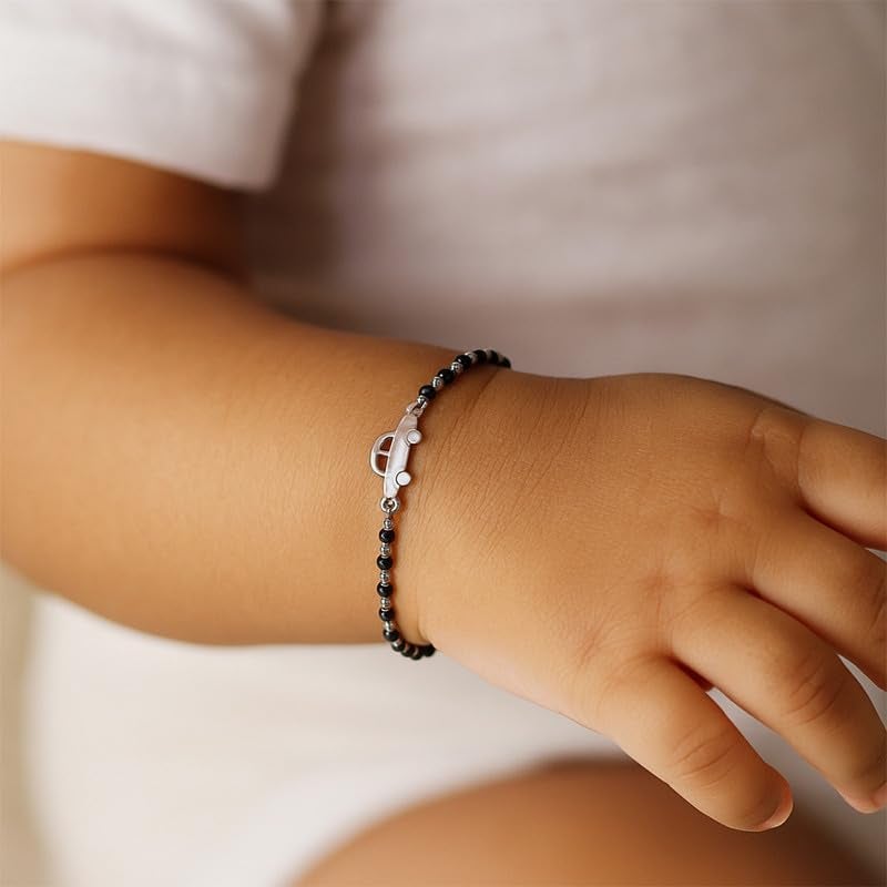 CLARA 925 Sterling Silver Baby Nazariya Kids Car Bracelet With Black Beads | New Born to 1 Year | Length 5 inch, Adjustable | Gift For Baby Boys and Girls - Image 2