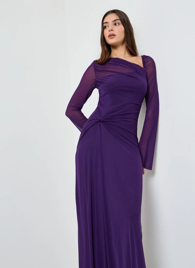 Take Two Purple Gathered Asymmetric Neck Maxi Dress