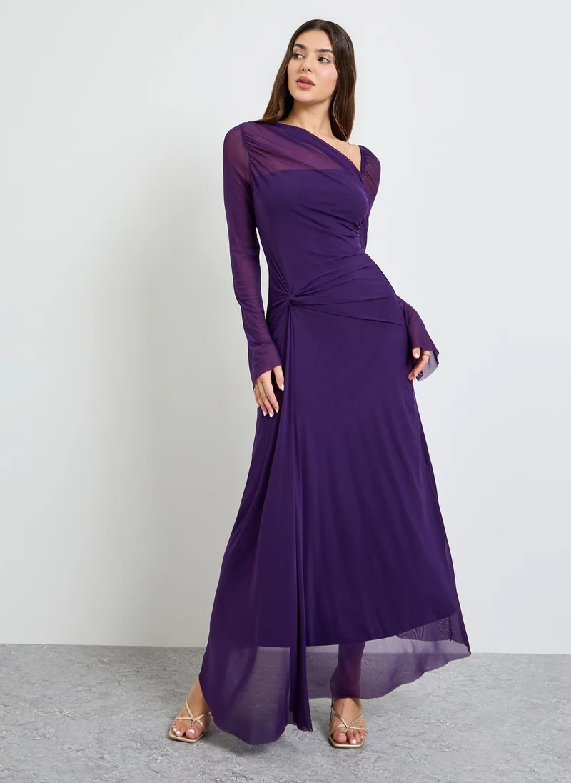 Take Two Purple Gathered Asymmetric Neck Maxi Dress