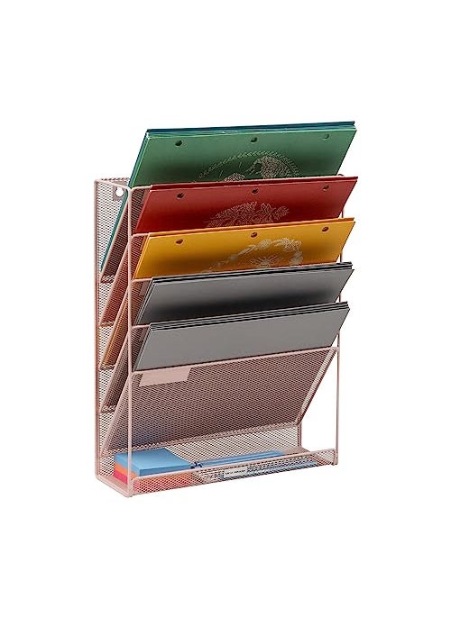 Mind Reader Mind Reader 5Tier Vertical File Storage Desktop Organizer Wall Mount Office Metal Mesh 1275L x 4W x 16H Pink 