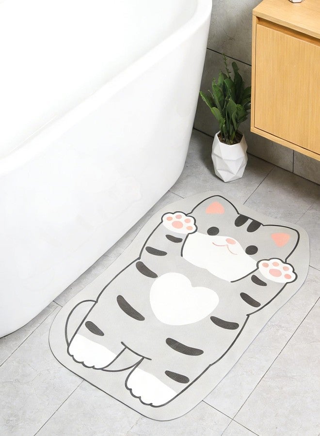 Tyrafry Cute Animals Bath Mats Ultra Thin Bathroom Rugs Fit Under Door Quick Dry Super Absorbent Washable Bath Rug for Shower, Tub, Cream, Easy Care, Cat Grey 17"x25" - Image 1