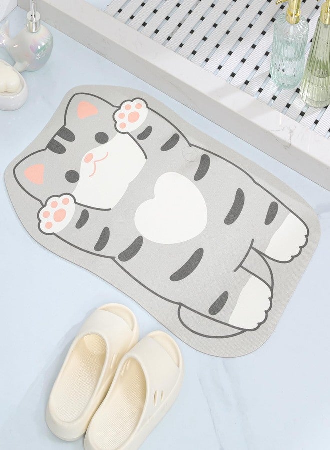 Tyrafry Cute Animals Bath Mats Ultra Thin Bathroom Rugs Fit Under Door Quick Dry Super Absorbent Washable Bath Rug for Shower, Tub, Cream, Easy Care, Cat Grey 17"x25" - Image 2
