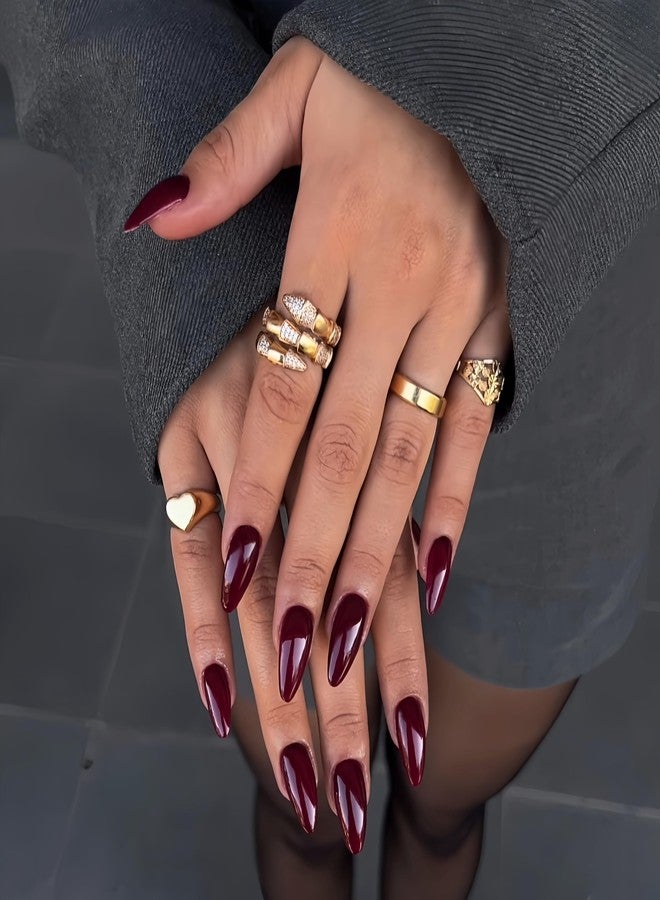 XCREANDO Dark Red Press on Nails Almond Shaped Nails Press ons, Medium Fake Nails Almond Acrylic Nails Glue on Nail Medium Length False Nail for Women Thick Natural Gel Stiletto 24Pcs - Image 1