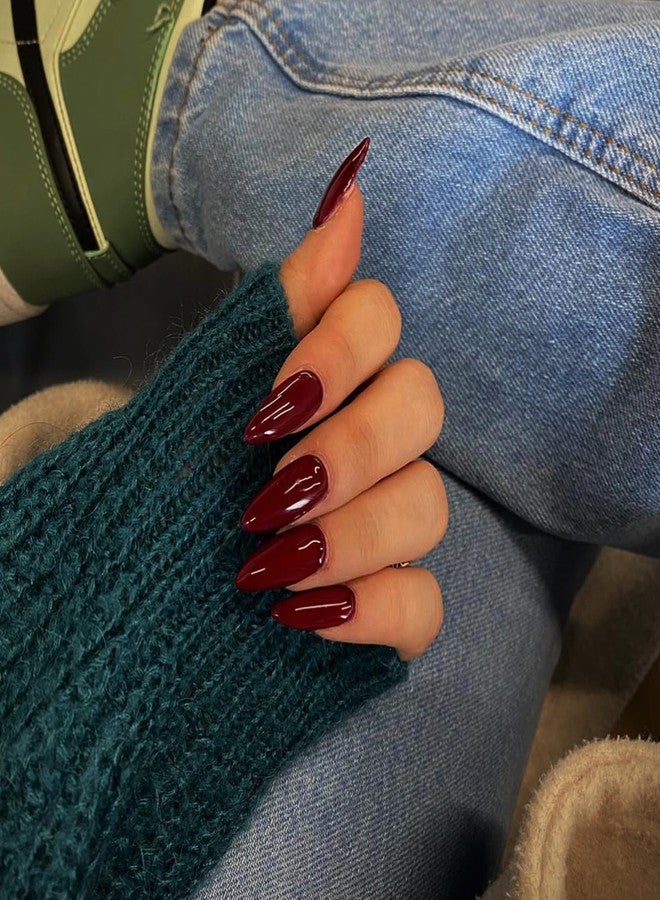 XCREANDO Dark Red Press on Nails Almond Shaped Nails Press ons, Medium Fake Nails Almond Acrylic Nails Glue on Nail Medium Length False Nail for Women Thick Natural Gel Stiletto 24Pcs - Image 4