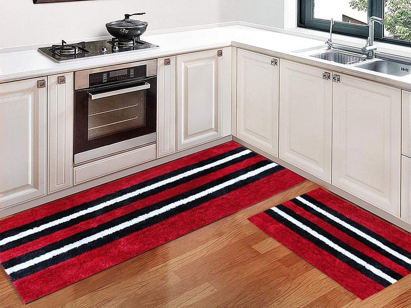 SKIVE Kitchen Mat and Runner with Anti Skid Backing,Colour Black patta Red (40x120(40 x 60) CM Set of 2 - Image 1