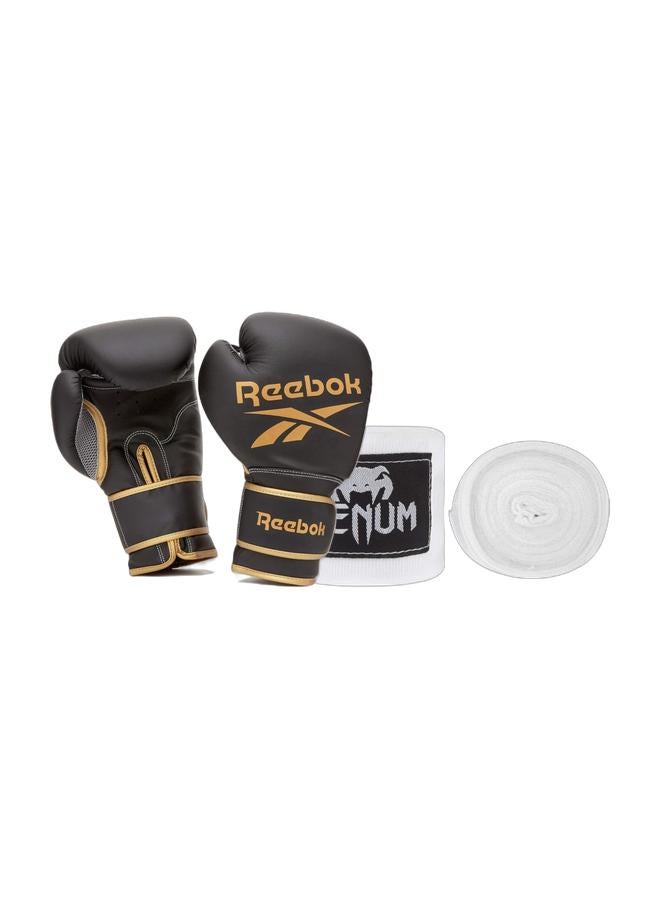 Reebok Reebok Boxing Gloves 14oz Gold/Black & Venum Hand Wraps Combo  - Image 1