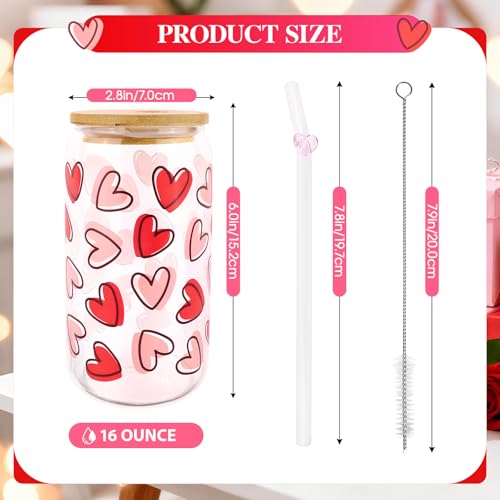 Lingdeer Valentine’s Day Glass Cups with Lids and Straws, Valentines Day Gifts for Her Women Girls Teens Daughters, 16oz Red Heart Iced Coffee Glass Cups Tumbler Mug Decorations Accessories Stuff - Image 3