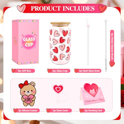 Lingdeer Valentine’s Day Glass Cups with Lids and Straws, Valentines Day Gifts for Her Women Girls Teens Daughters, 16oz Red Heart Iced Coffee Glass Cups Tumbler Mug Decorations Accessories Stuff - Image 2