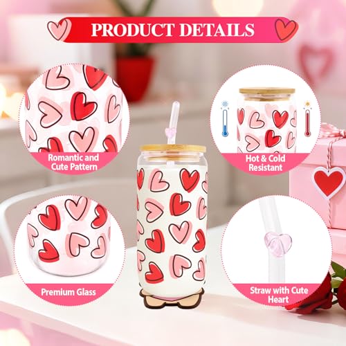 Lingdeer Valentine’s Day Glass Cups with Lids and Straws, Valentines Day Gifts for Her Women Girls Teens Daughters, 16oz Red Heart Iced Coffee Glass Cups Tumbler Mug Decorations Accessories Stuff - Image 5