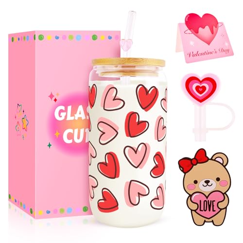 Lingdeer Valentine’s Day Glass Cups with Lids and Straws, Valentines Day Gifts for Her Women Girls Teens Daughters, 16oz Red Heart Iced Coffee Glass Cups Tumbler Mug Decorations Accessories Stuff - Image 1