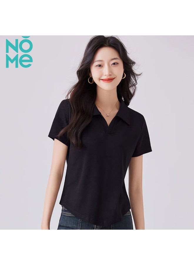 Nome Women's Short-sleeve T-shirt, Summer New Style, Waist-cinching, Turndown Collar, Curved Hem, Polo Shirt Top, White, S - Image 2