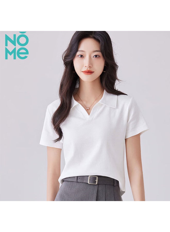 Nome Women's Short-sleeve T-shirt, Summer New Style, Waist-cinching, Turndown Collar, Curved Hem, Polo Shirt Top, White, S - Image 5