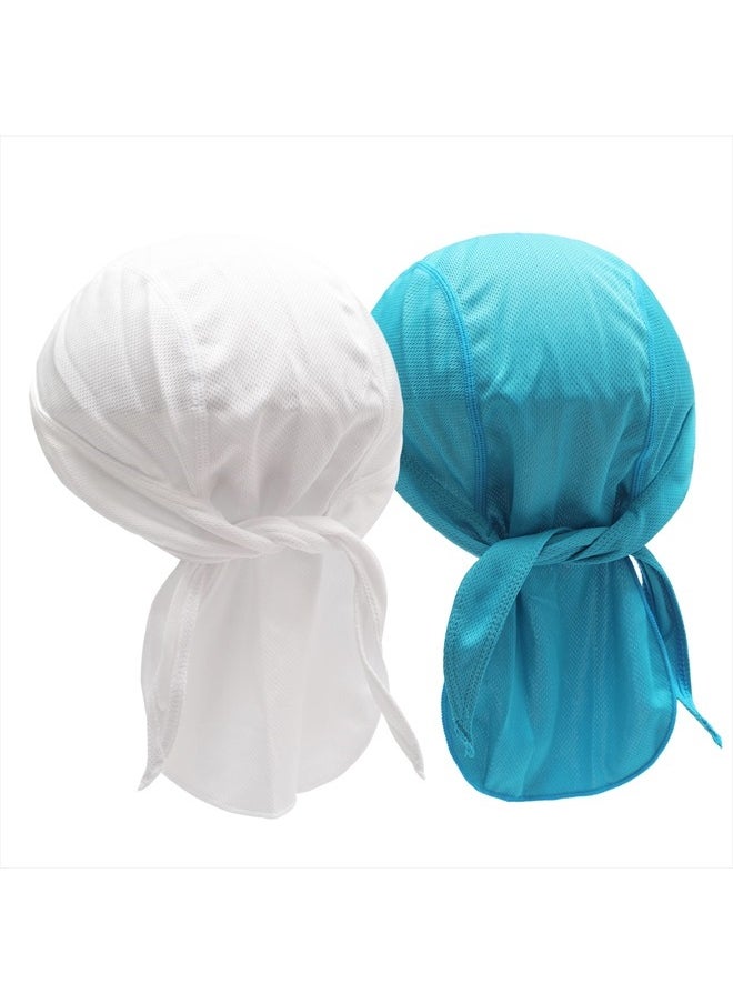 ZLYC Sweat Wicking Do Rags Skull Cap for Men Women Thin Dew Rag Bandana Cycling Helmet Liner Beanie (Solid White&Blue)  - Image 1