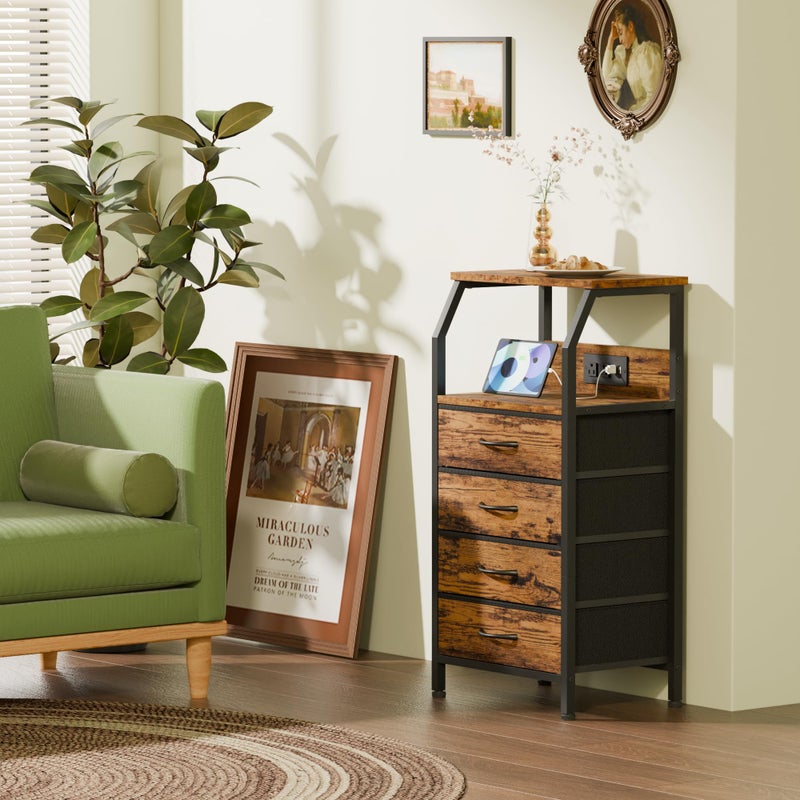 Furnulem Night Stand with Charging Station, Small Dresser with 4 Fabric Drawers, 33.3 Inch Tall Bedside Table, Storage Tower for Closet, Entryway, Bedroom Furniture, 3 Ways to Use, Rustic Brown - Image 2