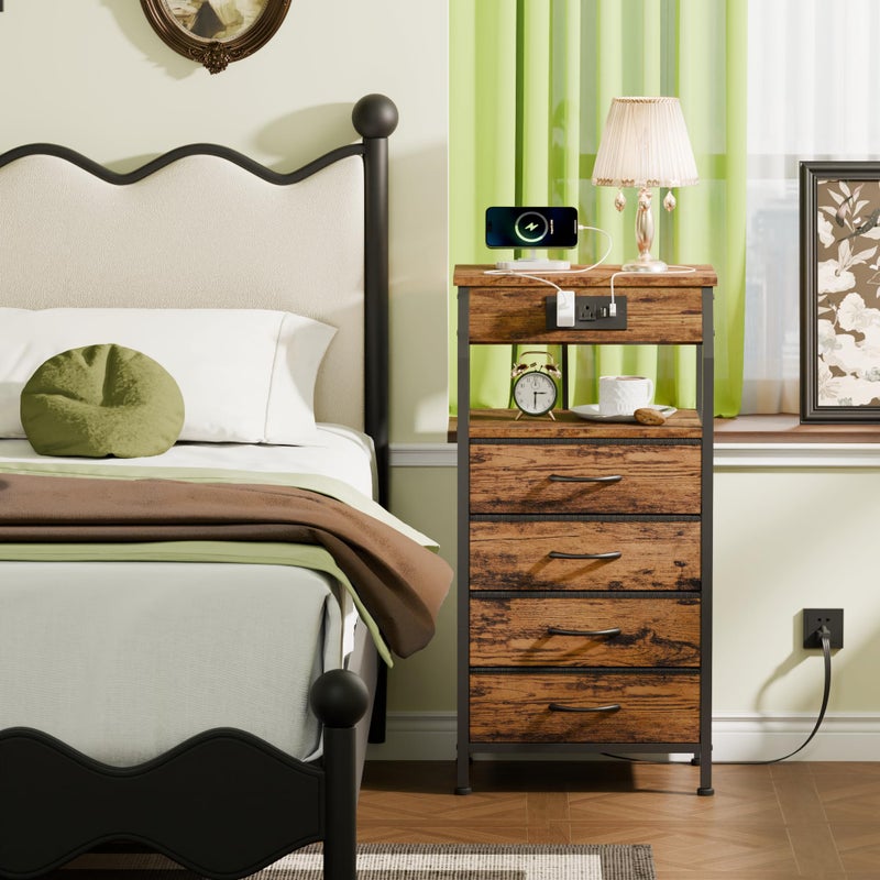 Furnulem Night Stand with Charging Station, Small Dresser with 4 Fabric Drawers, 33.3 Inch Tall Bedside Table, Storage Tower for Closet, Entryway, Bedroom Furniture, 3 Ways to Use, Rustic Brown - Image 4
