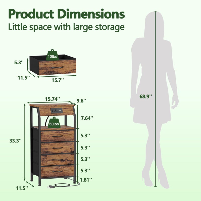 Furnulem Night Stand with Charging Station, Small Dresser with 4 Fabric Drawers, 33.3 Inch Tall Bedside Table, Storage Tower for Closet, Entryway, Bedroom Furniture, 3 Ways to Use, Rustic Brown - Image 3