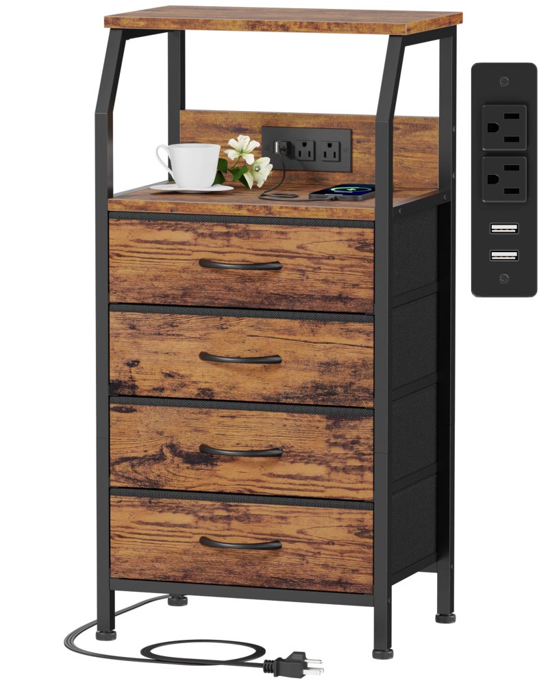 Furnulem Night Stand with Charging Station, Small Dresser with 4 Fabric Drawers, 33.3 Inch Tall Bedside Table, Storage Tower for Closet, Entryway, Bedroom Furniture, 3 Ways to Use, Rustic Brown - Image 1