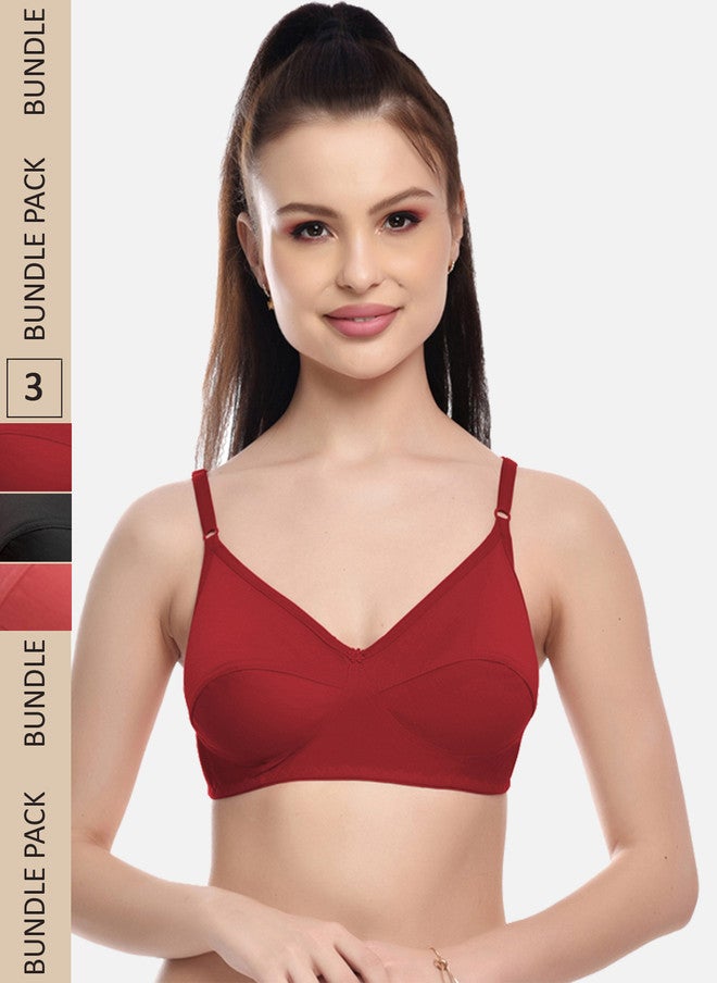 FIMS Women Pack of 3 Solid Non-Padded Bras in Red, Black, and Pink - Image 1