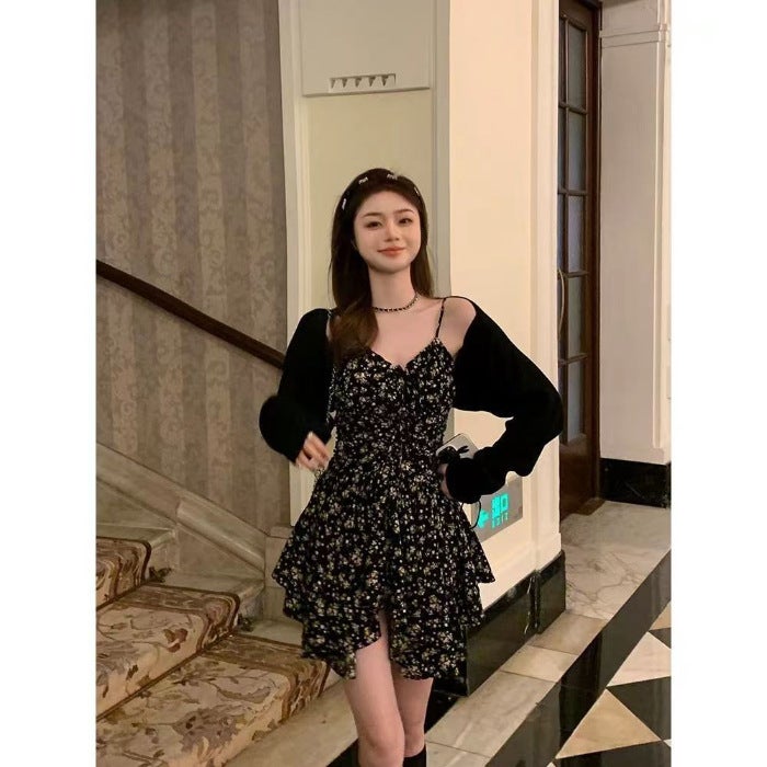 Tea Break French Floral Sling Dress Womens 2023 Summer New Arrival Dress Womens Elegant Niche Design Suit Sunscreen Cardigan #946 (one piece)