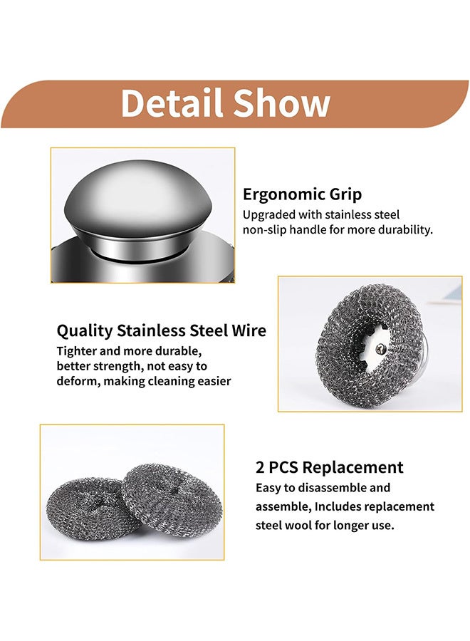 2pcs Steel Wool Scrubber with Handle, Stainless Steel Scrubber with Handle for Scouring Stubborn Messes from Cast Iron, Pots, Pans, Grill, Stoves, Sink - Image 2