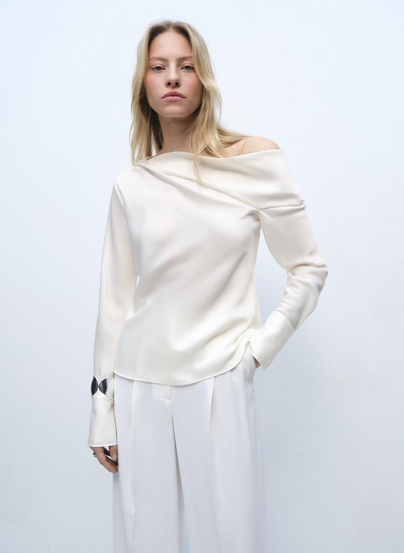 MANGO - Casual Satin Draped Neck Top - Image 1