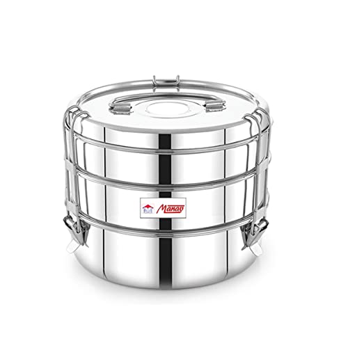 FUTENSILS Manav Stainless Steel Tiffin Box Clip Model,3-Tier-Size -10X3 (With Single Plate Between Each Tier) ,Lunch Kit Can be used for Office Travelling, Gifting And Picnic,(Capacity-950ml,Dia-6 Inch, Weight - 1.22Kg) - Image 1