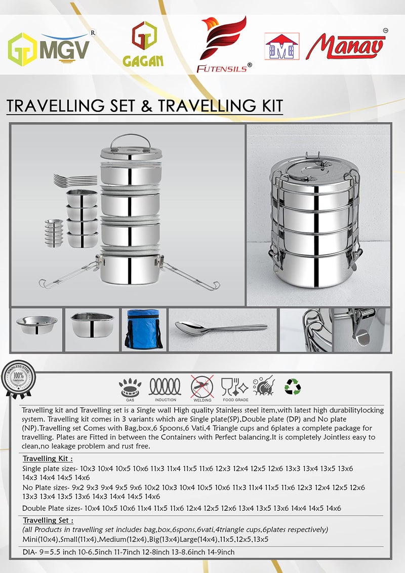 FUTENSILS Manav Stainless Steel Tiffin Box Clip Model,3-Tier-Size -10X3 (With Single Plate Between Each Tier) ,Lunch Kit Can be used for Office Travelling, Gifting And Picnic,(Capacity-950ml,Dia-6 Inch, Weight - 1.22Kg) - Image 5