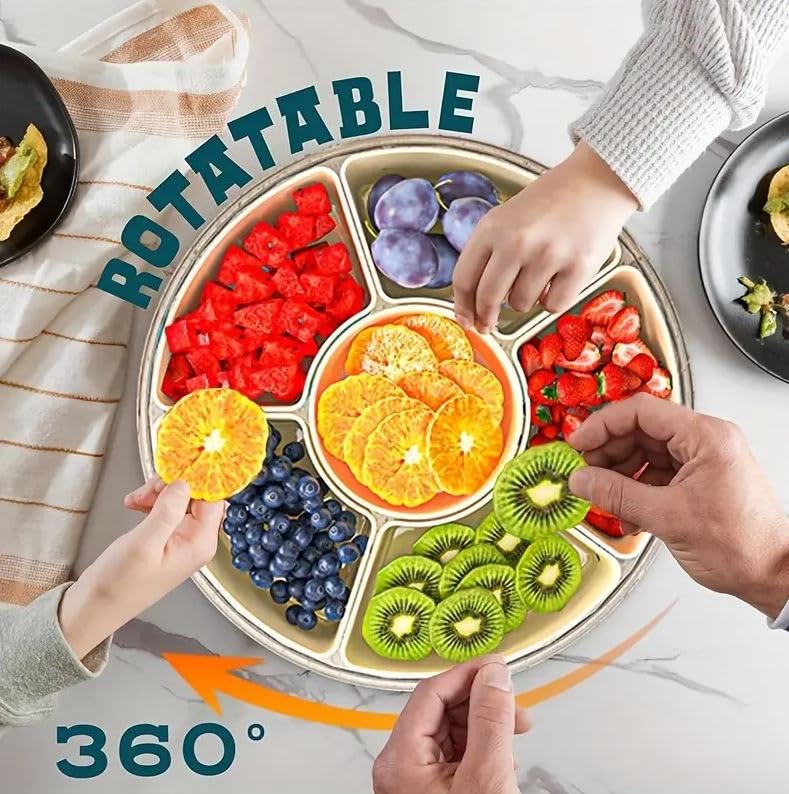 Seadra Portable 6 Grids Rotatable Serving Tray Plastic Divided Fruit Snack Tray Transparent Rotatable Food Storage Box With Lid - Image 4