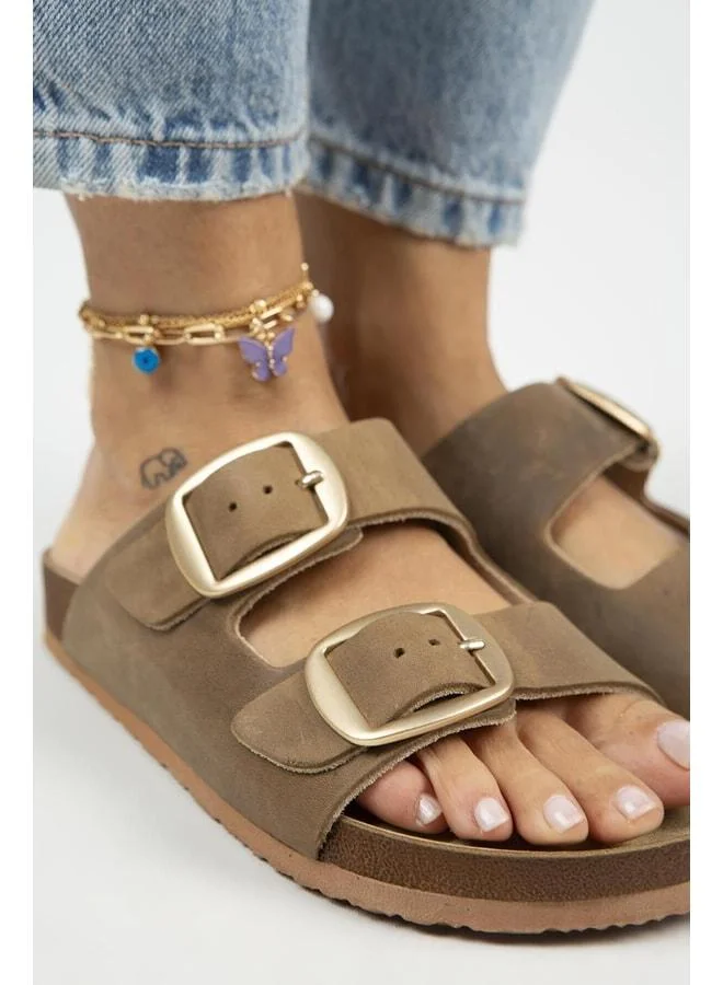 Irene Vintage Women's Genuine Leather Double Buckle Mink Gold Slippers - Brown