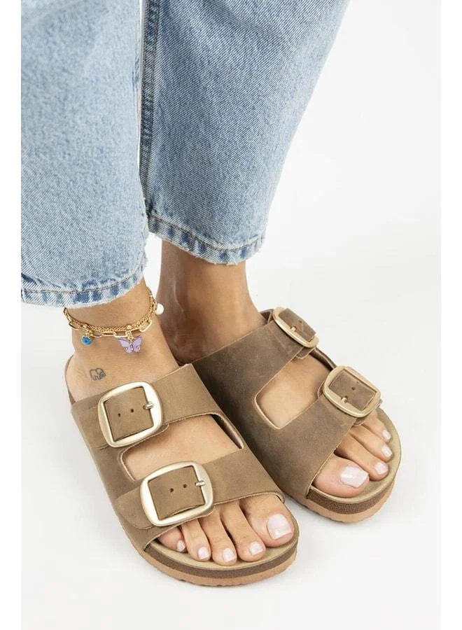 Manijero  Irene Vintage Women's Genuine Leather Double Buckle Mink Gold Slippers - Brown for Women | Best Price UAE