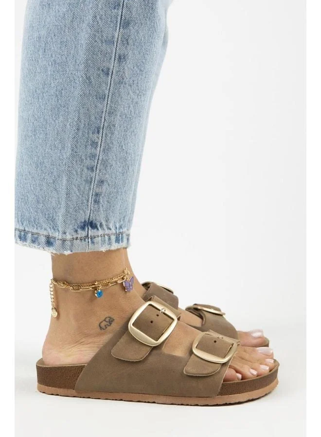 Manijero  Irene Vintage Women's Genuine Leather Double Buckle Mink Gold Slippers - Brown for Women | Best Price UAE
