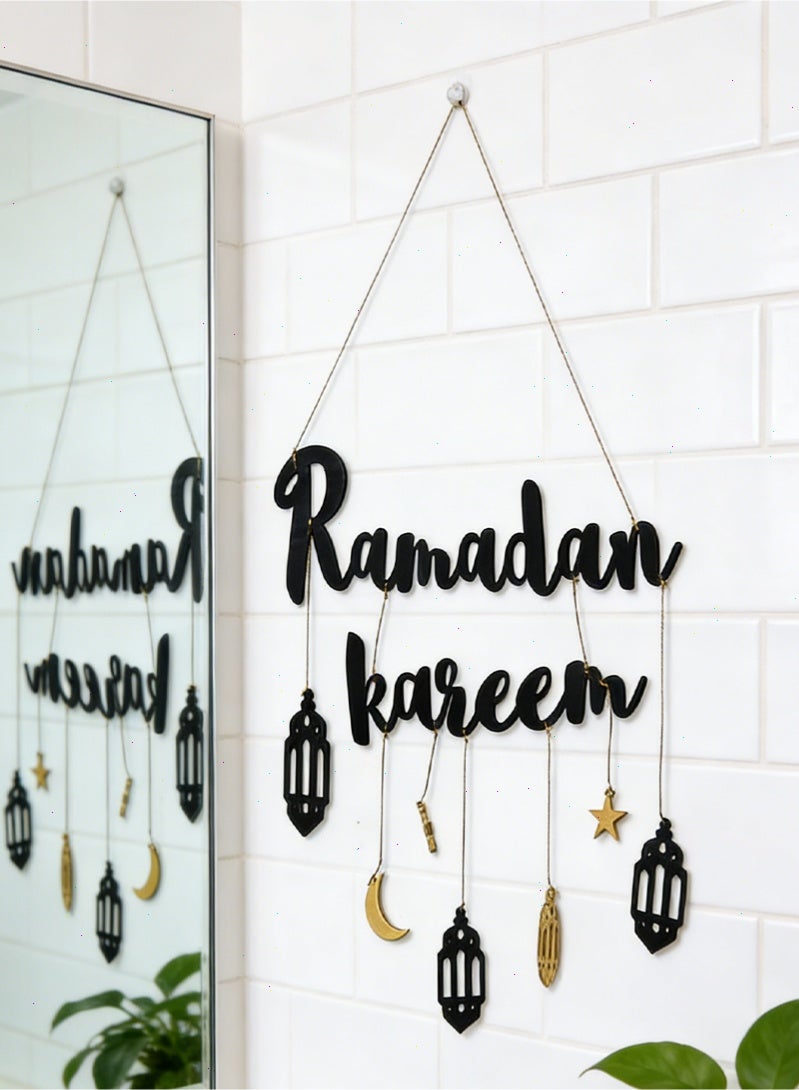 Ramadan Decorations for Home, Wooden Hanging Ramadan Kareem Pendant, Moon & Star Lantern Ornament for Eid Ramadan Party Supplies - Image 1