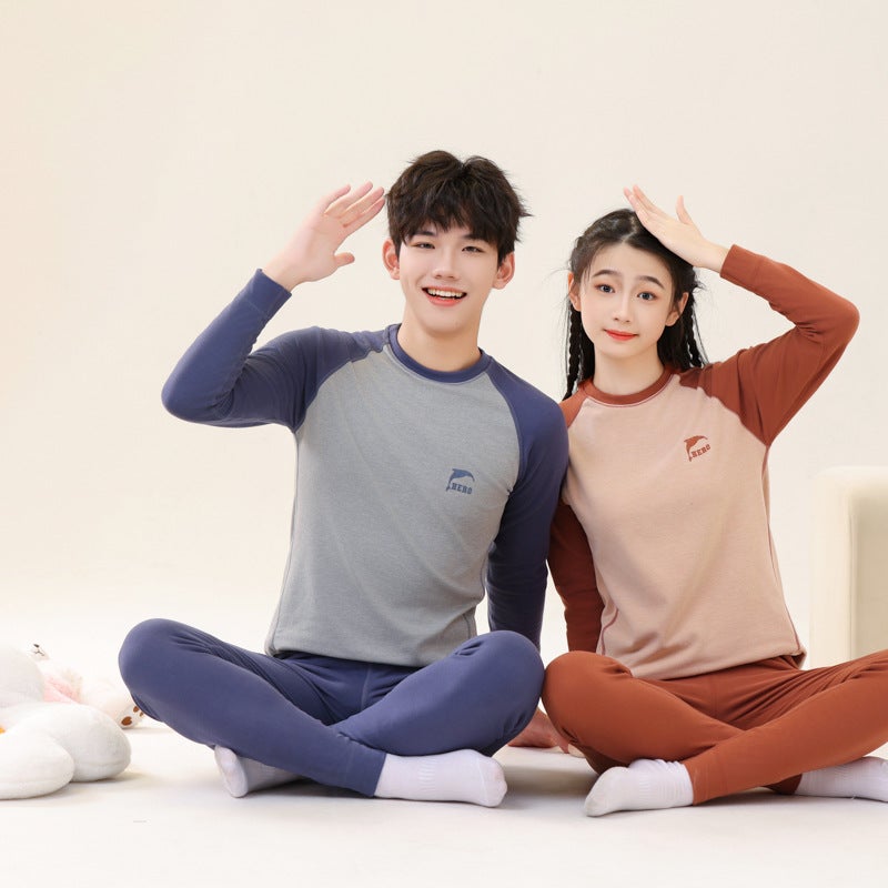 Teenagers Warm Suit Big Children Yang Velvet Double-Sided Sanding Autumn Clothes Autumn Trousers Home Base Shirt Monochrome Printing - Image 2
