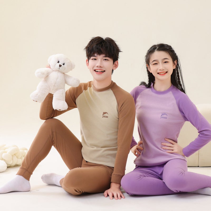 Teenagers Warm Suit Big Children Yang Velvet Double-Sided Sanding Autumn Clothes Autumn Trousers Home Base Shirt Monochrome Printing - Image 5