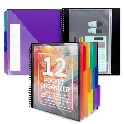 Binditek 12-Pocket Poly Project Organizer, Heavy-Duty Poly Cover, Clear Front Pocket, 6-Color Dividers with 1/3-Cut Tabs, Fixed Zipper Pouch, Letter-Size, Black - Image 1