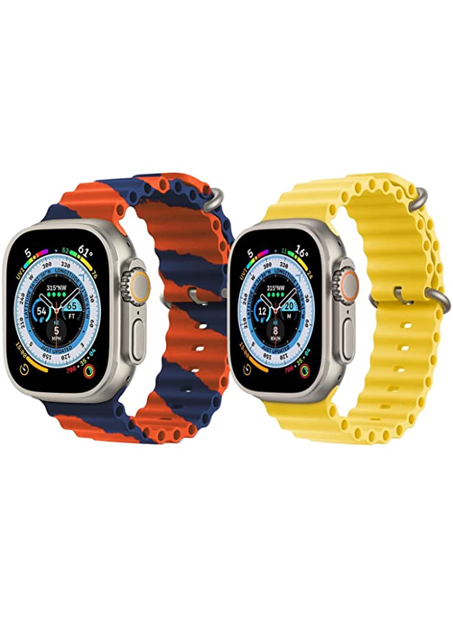 IAF Silicone Ocean Band Strap for Apple Watch Ultra 8 49mm Orange/Blue Double Line Strap with Yellow Single Color Strap Set of 2