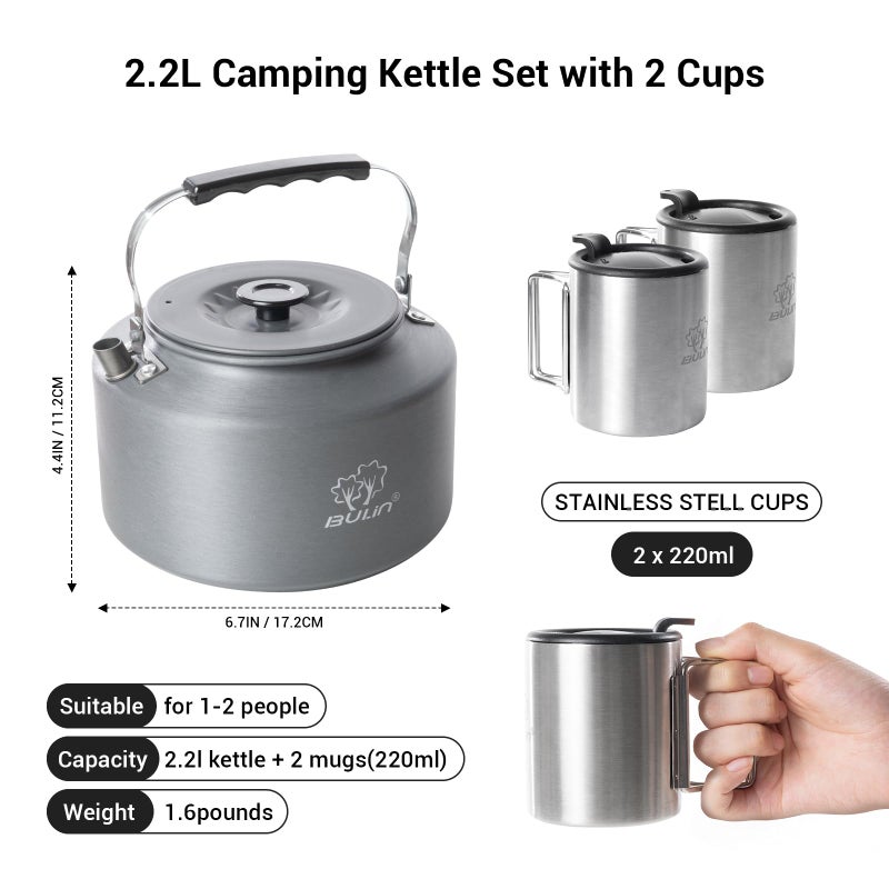 Bulin 2.2L Camping Kettle Set with 2 Cups Lightweight Aluminum Camp Tea Coffee Pot with 2 Stainless Steel Cups for Outdoor Camping Cookware Hiking Backpacking Kitchen Campfire and Picnic, Carrying Bag - Image 2