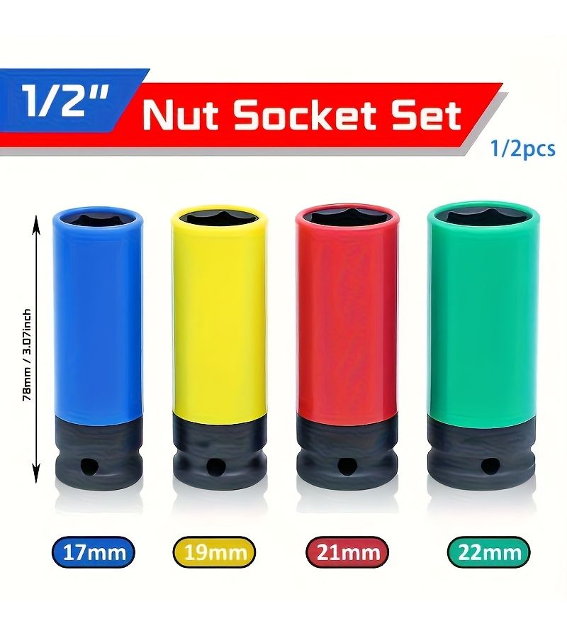 1pc Professional 1 2 Inch Drive Pneumatic Socket Steel Sleeve Impact Resistant Durable Scratch Resistant Plastic Coating 22mm Red Bright Yellow Sky Blue Green - Image 1