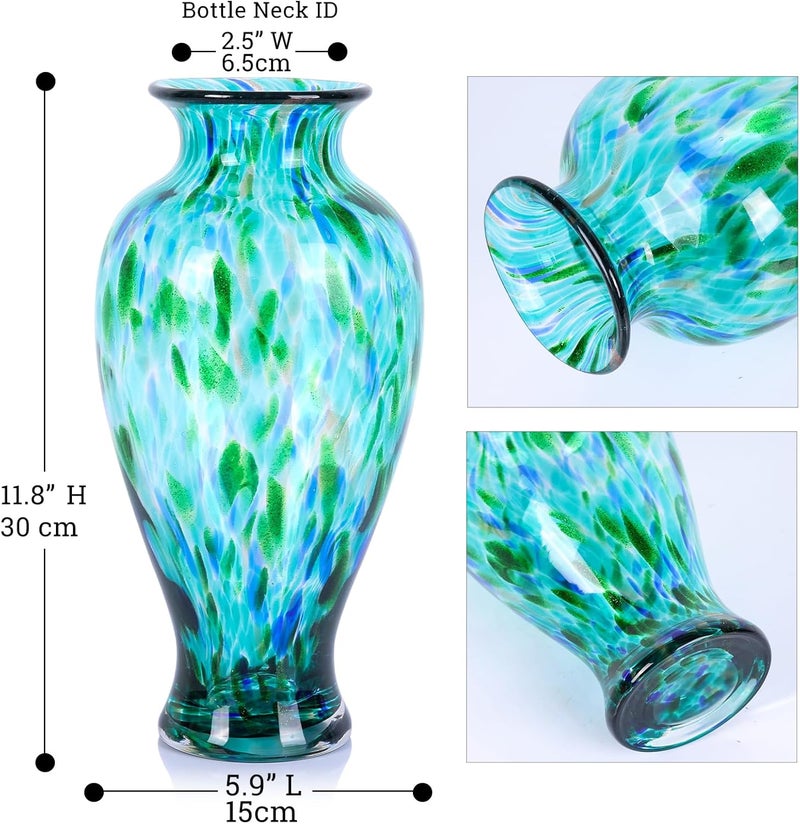oliruim 11.8 Inch Tall Teal Blown Glass Vase, Green Opaque Glass Vase, Unique Design, Turquoise Wide Mouth Art Decoration for Home, Living Room, Table - Image 4