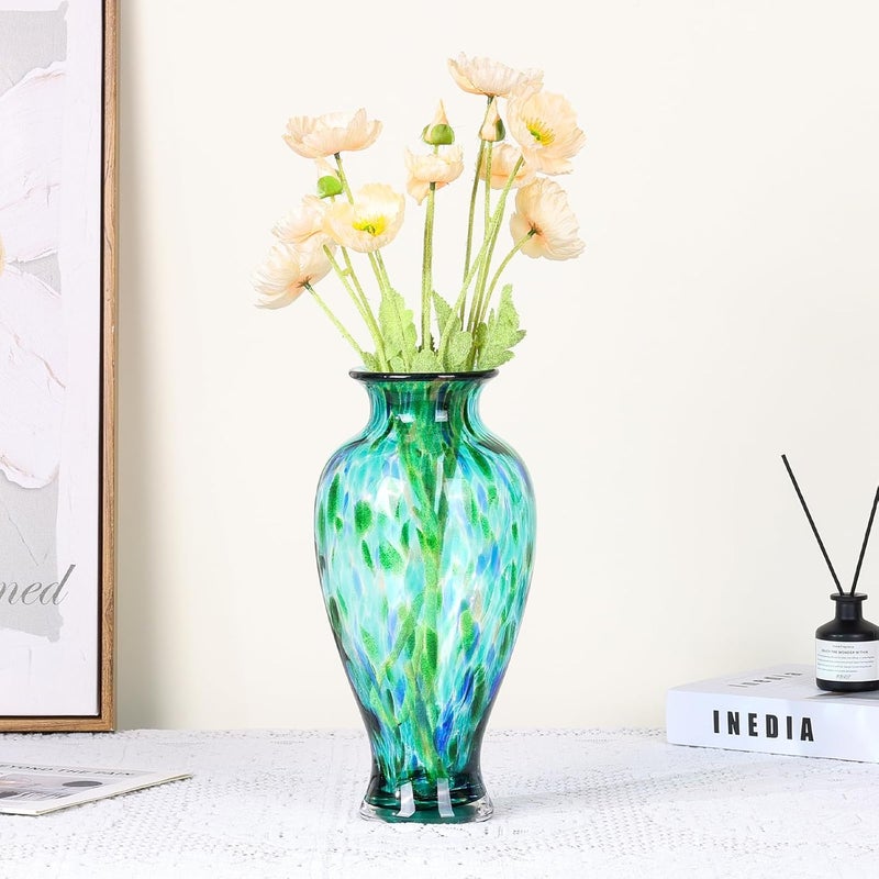 oliruim 11.8 Inch Tall Teal Blown Glass Vase, Green Opaque Glass Vase, Unique Design, Turquoise Wide Mouth Art Decoration for Home, Living Room, Table - Image 5