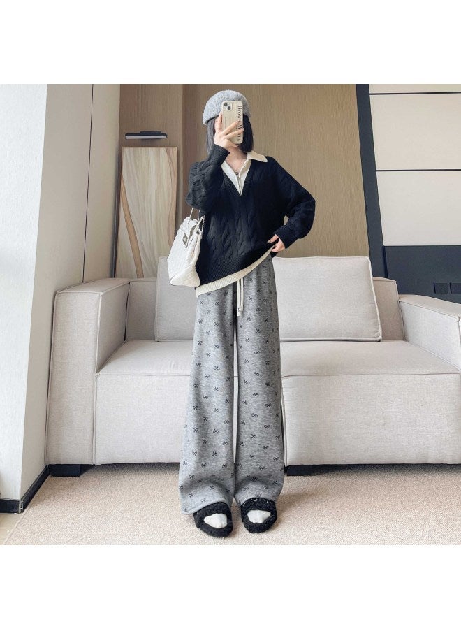 H577 Bow Glutinous Rice Pants Autumn And Winter Fleece-lined Thickened High Waist Wide Leg Pants Straight Trousers Yamamoto Pants Wide Leg Pants