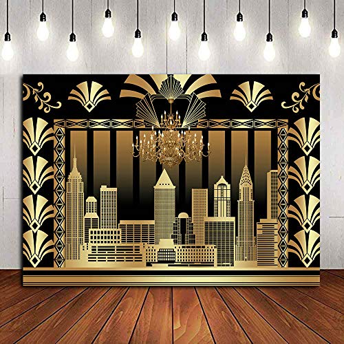 Qian 7x5ft The Great Gatsby Photography Backdrop Roaring 20's 20s Themed Backdrop Vintage Dance Black Gold Art Event Decoration Birthday Wedding Party Decoration Photo Background Booth Banner Supplies - Image 2