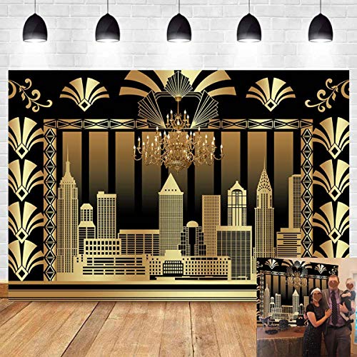 Qian 7x5ft The Great Gatsby Photography Backdrop Roaring 20's 20s Themed Backdrop Vintage Dance Black Gold Art Event Decoration Birthday Wedding Party Decoration Photo Background Booth Banner Supplies - Image 1