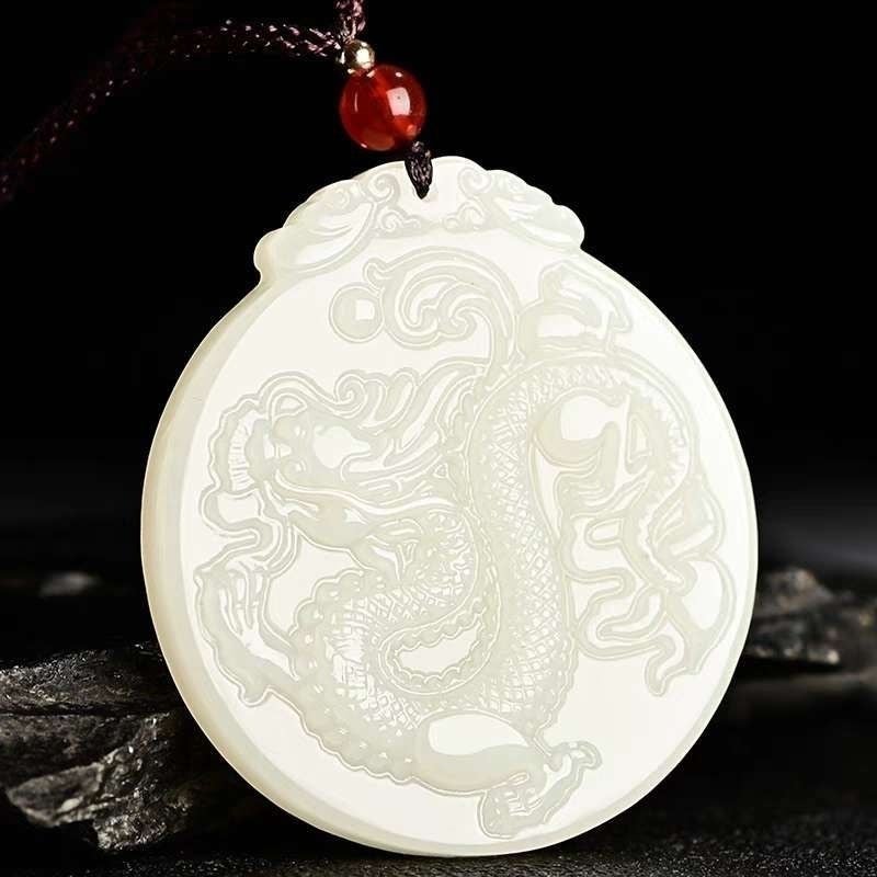 Qi Ta Natural Hetian White Jade Dragon Pendant Double-Sided Carved Jade Amulet for Men and Women - Image 3