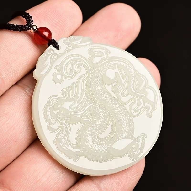 Qi Ta Natural Hetian White Jade Dragon Pendant Double-Sided Carved Jade Amulet for Men and Women - Image 2