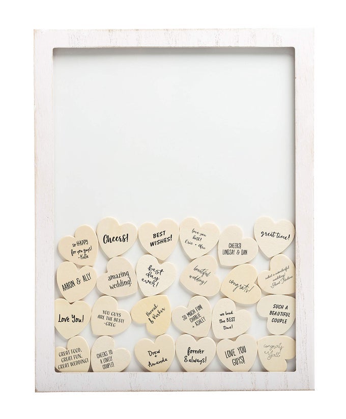 KATE MILO WEDDING GUESTBOOK TOKEN FRAME INCLUDES 50 HEART TOKENS PERFECT FOR WEDDING RECEPTION OR BRIDAL SHOWER DISTRESSED WHITE